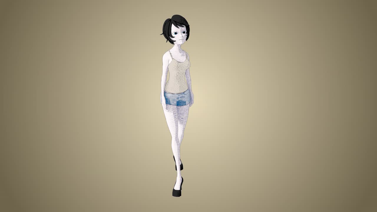 걸음걸이 장애를 가진 귀여운 만화 소녀 캐릭터가 고, 미소 짓고, 주위를 둘러보고 있습니다.