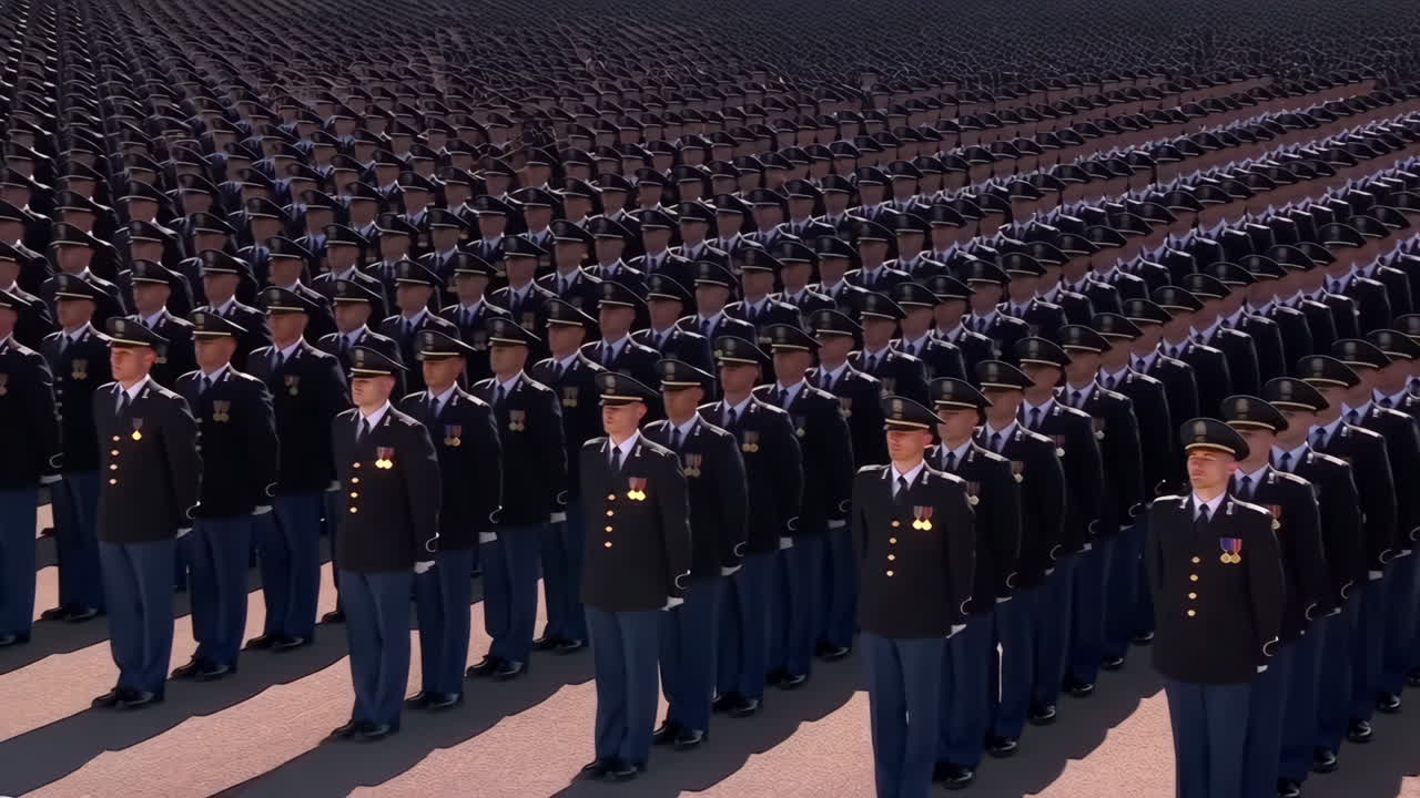 A large formation of soldiers in uniform standing at attention