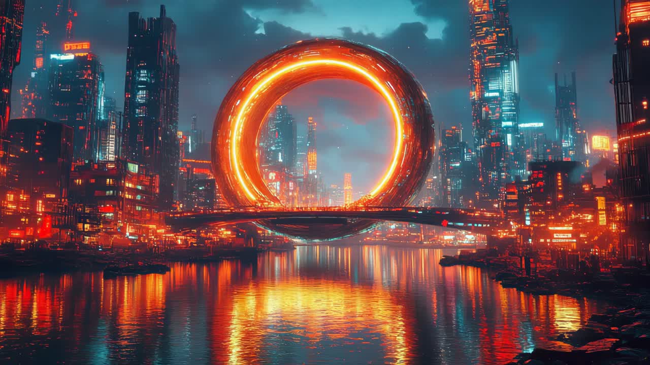 Futuristic Cityscape at Night with Glowing Ring