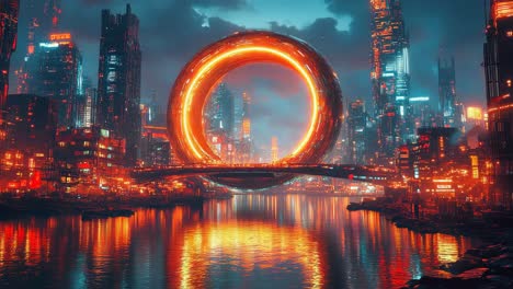 futuristic cityscape at night with glowing ring