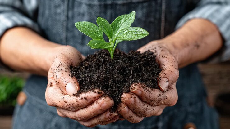 Nurturing Growth: A Handful of Soil and a Tender Seedling Ready to Flourish in Nature's Embrace, Symbolizing Hope and New Beginnings