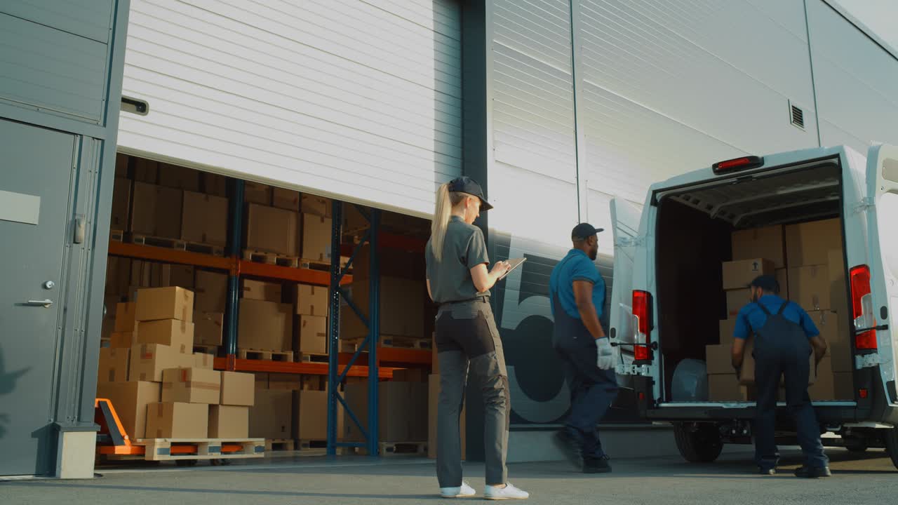 Outside of Logistics Distributions Warehouse Delivery Truck: Manager Using Tablet Computer, Workers Start Unloading Cardboard Boxes, Online Orders, Purchases, E-Commerce Goods. Tracking Shot