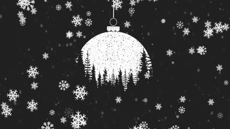 animation of black and white bauble christmas decoration with snow falling on black background