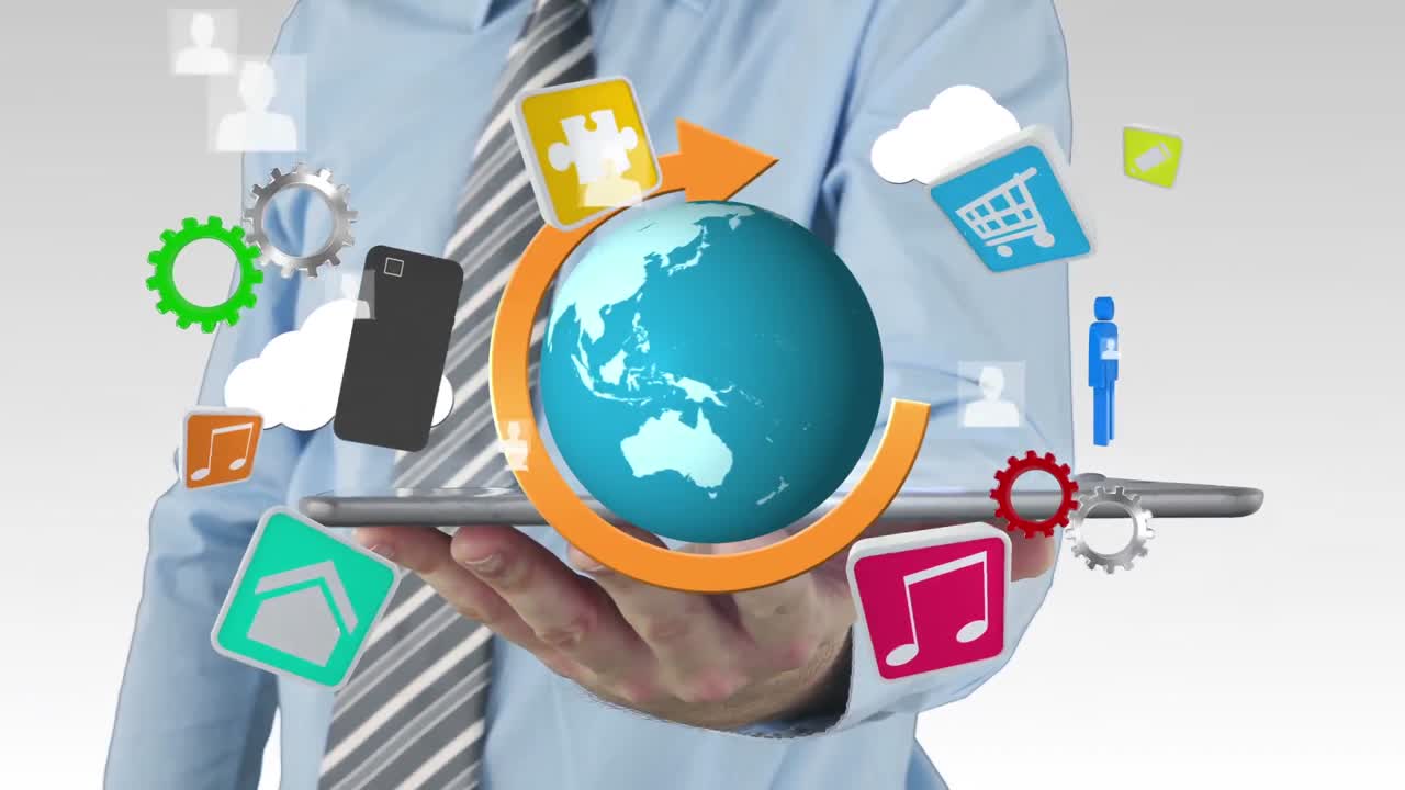 hombre de negocios usando una tableta para ver un holograma