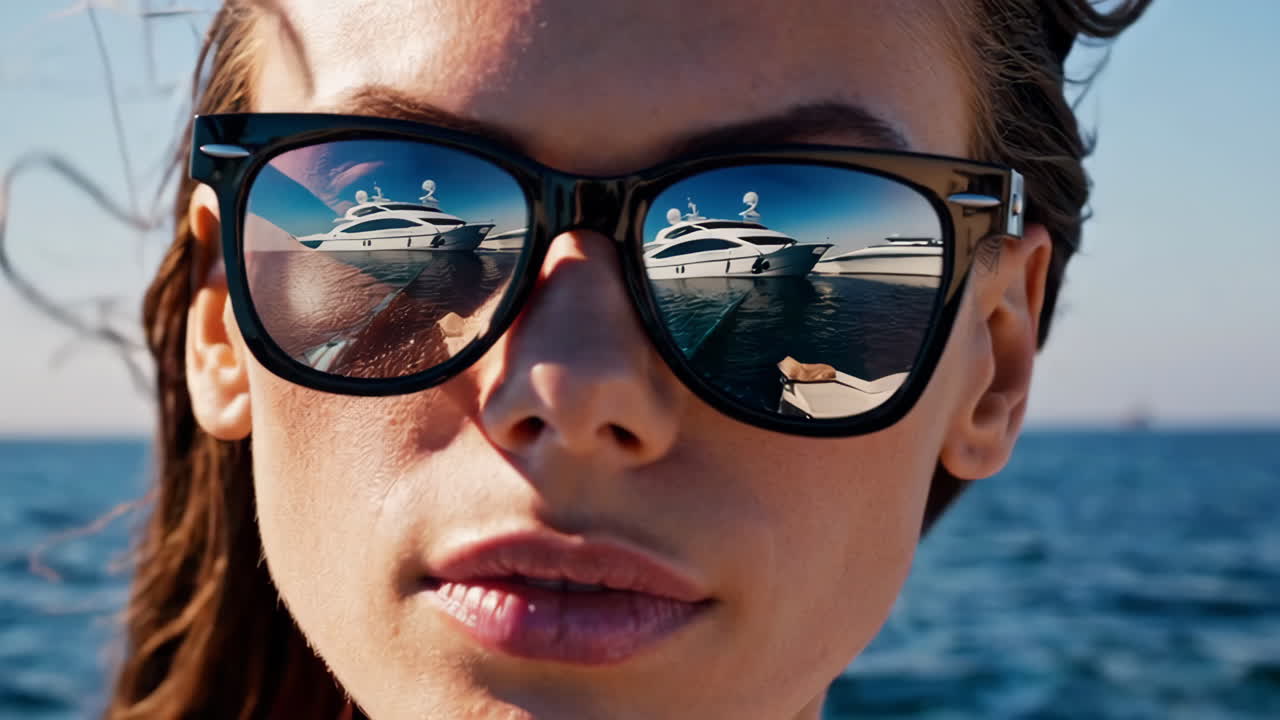 요트 반사와 함께 선글라스를 착용 한 여성