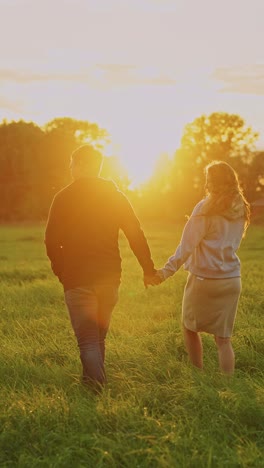 couple walking hand-in-hand in a field at sunset