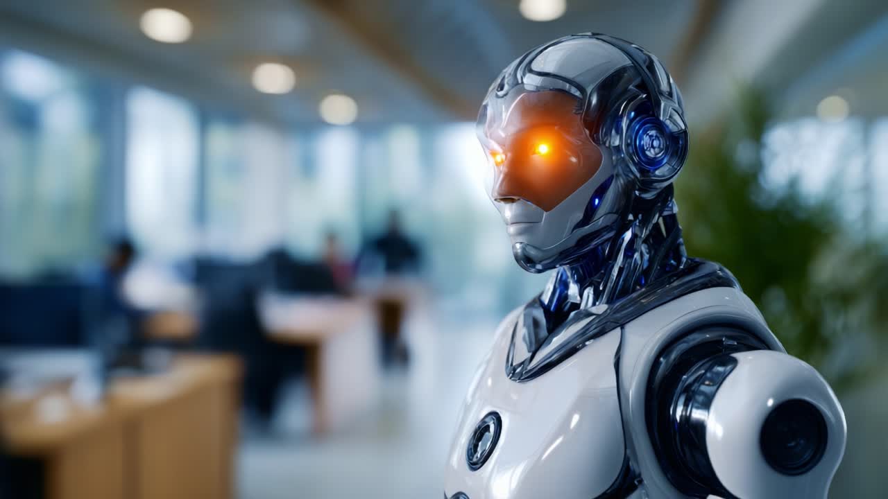 Robot umanoide futuristico in un elegante ambiente ufficio che mette in risalto la tecnologia avanzata e il potenziale dell'intelligenza artificiale sul posto di lavoro