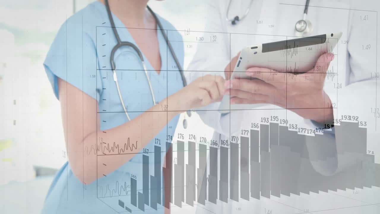 Animation of data processing over diverse doctors discussing work in hospital