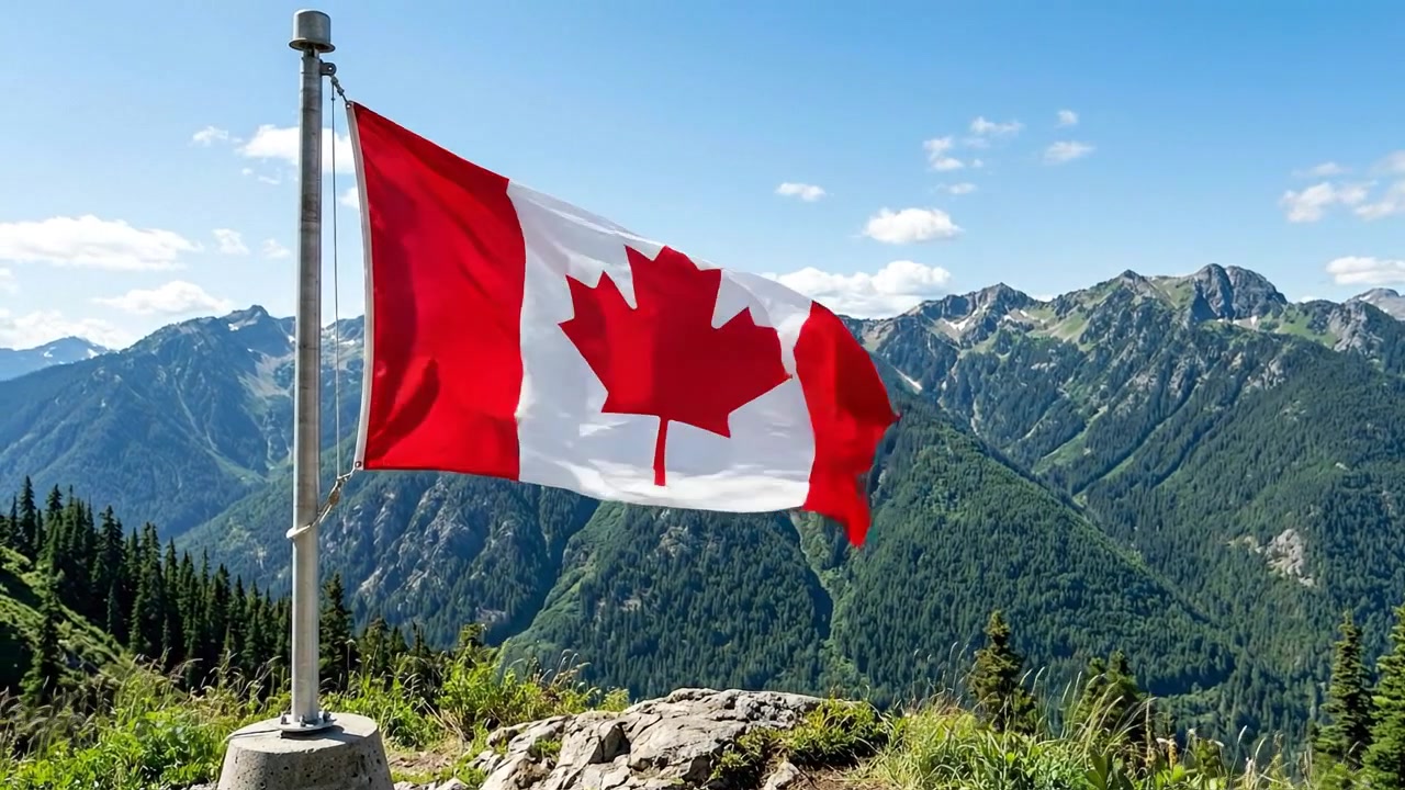 Bandiera canadese che sventola contro un paesaggio montano.