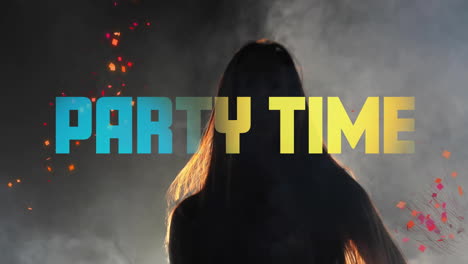 animation of party time text and woman dancing at party background