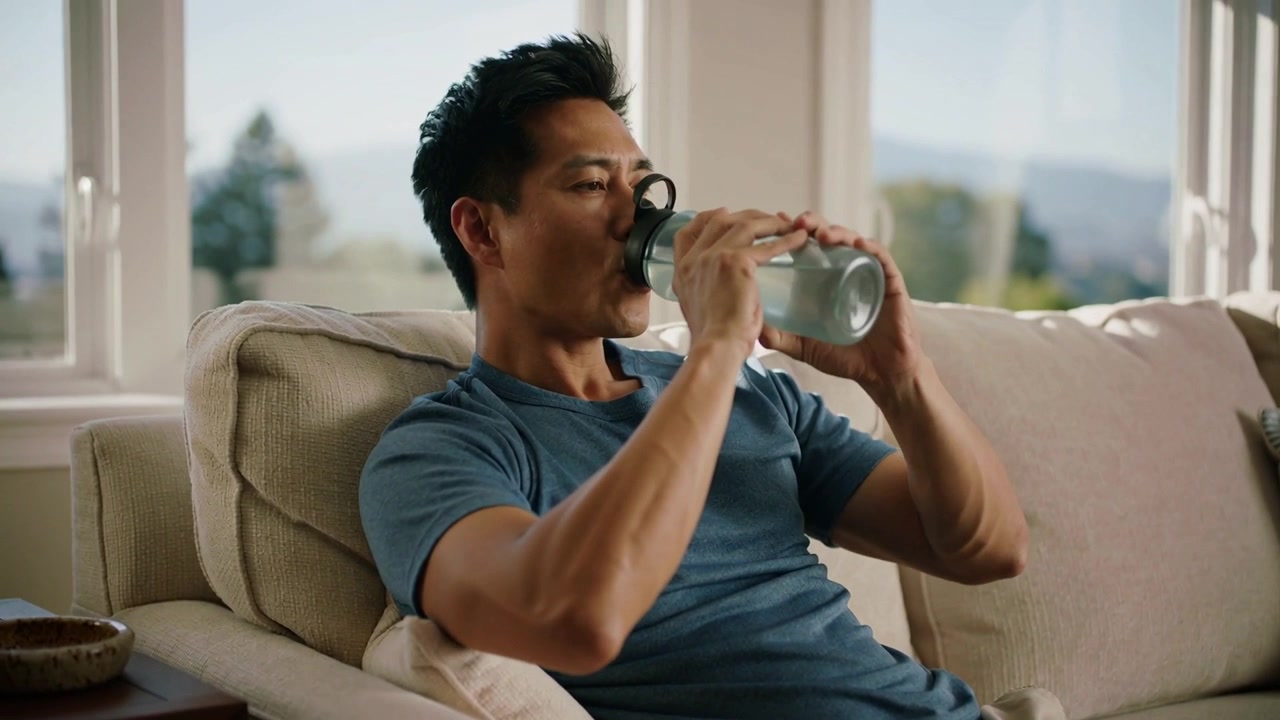 Adjusting bottle, man in blue tee drinking from bottle in living room, tapping cap to hydrate