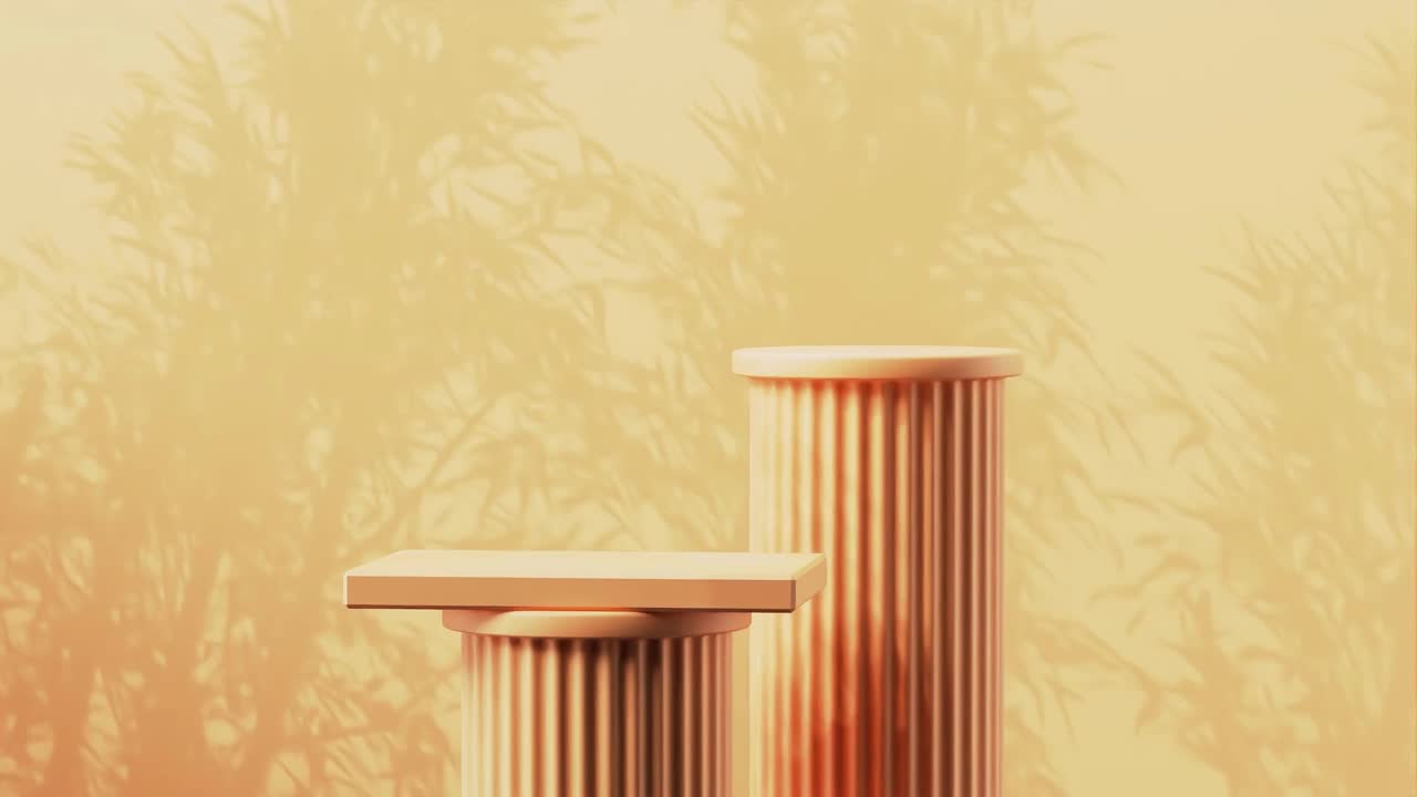 Minimalist teal display podium with two cylindrical platforms and abstract foliage shadows on yellow background. Product showcase, modern presentation, and branding concept.