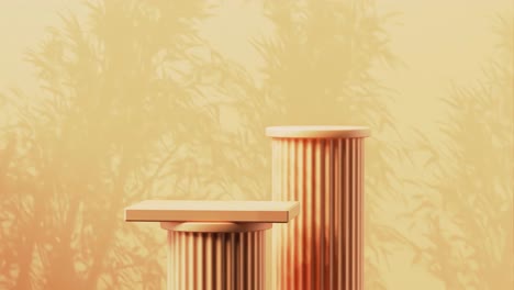 minimalist teal display podium with two cylindrical platforms and abstract foliage shadows on yellow background. product showcase, modern presentation, and branding concept.