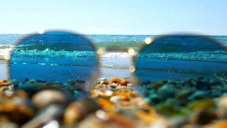 sunglasses left on the seashells beach, focus on the sea