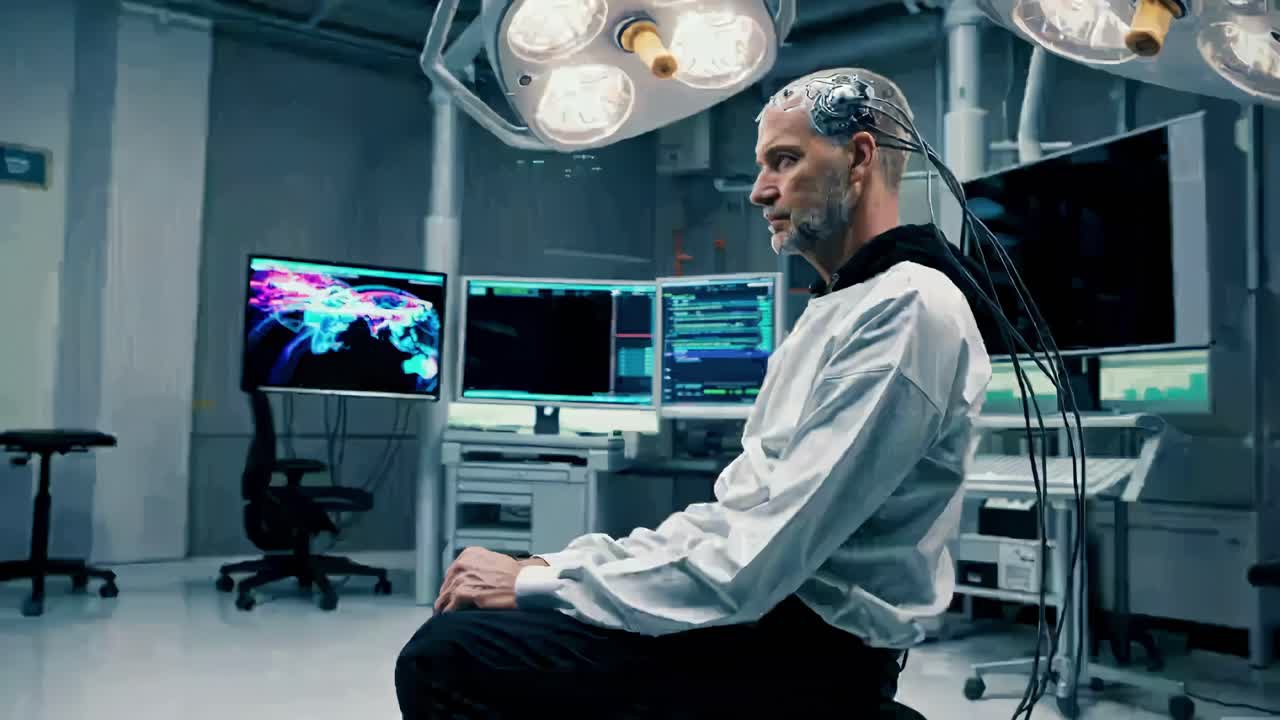 Advanced brain-computer interface technology in a high-tech research lab demonstrates innovative neurosurgery techniques