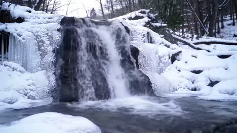 a beautiful winter waterfall surrounded by ice and snow, capturing the serenity of nature in a quiet, frozen landscape