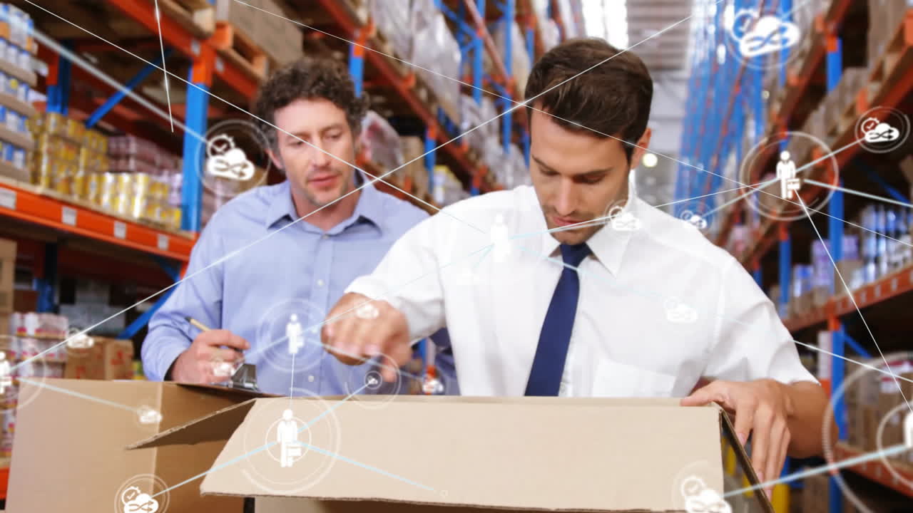 Inspecting boxes, warehouse workers using digital network animation connections