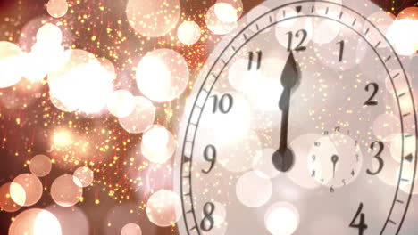 clock counting down to midnight with fireworks