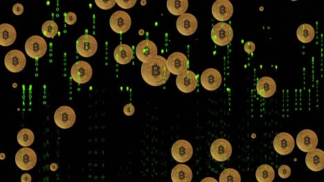 animación de los símbolos de bitcoin sobre un fondo negro con letras verdes