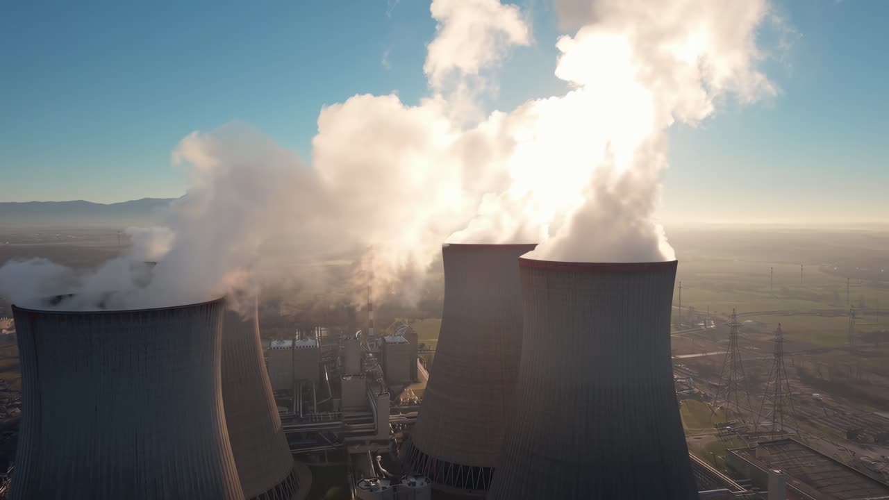 Un video aereo cattura torri di raffreddamento che emettono vapore, mostrando un paesaggio industriale all'alba