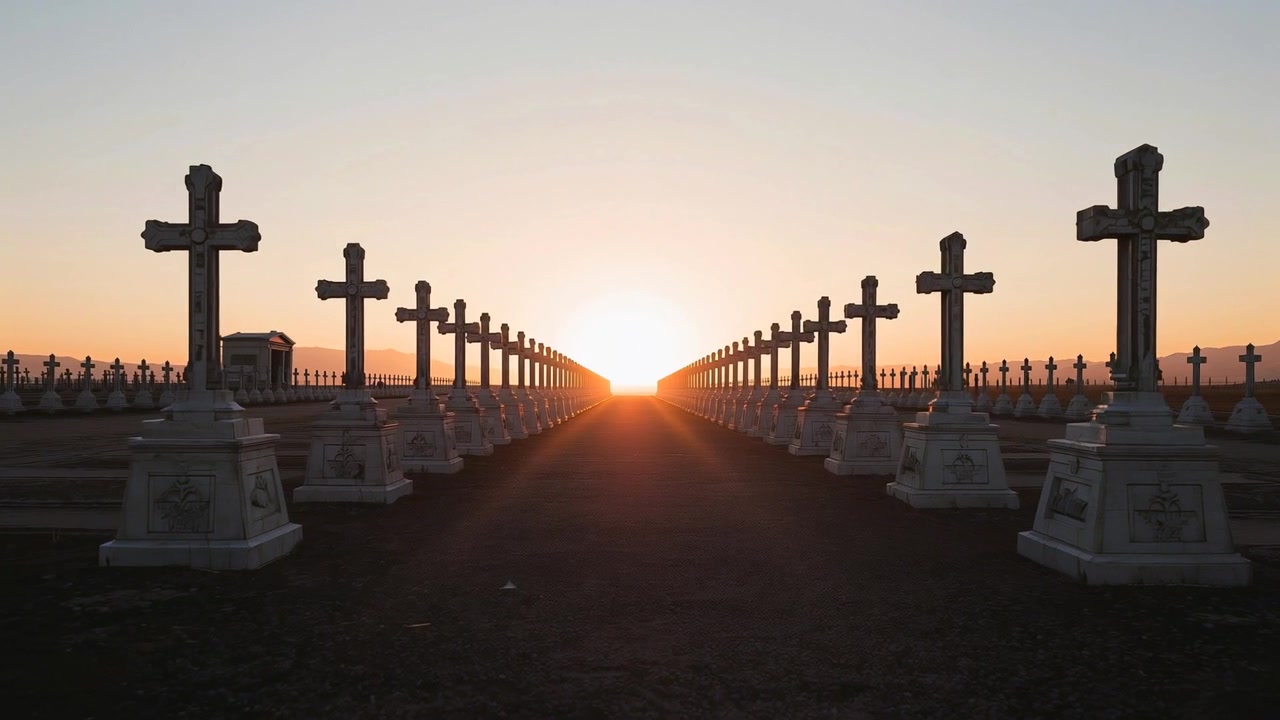 Il sole nascente illumina un sentiero del cimitero, proiettando ombre e sagomando croci di pietra, segnando l'alba.