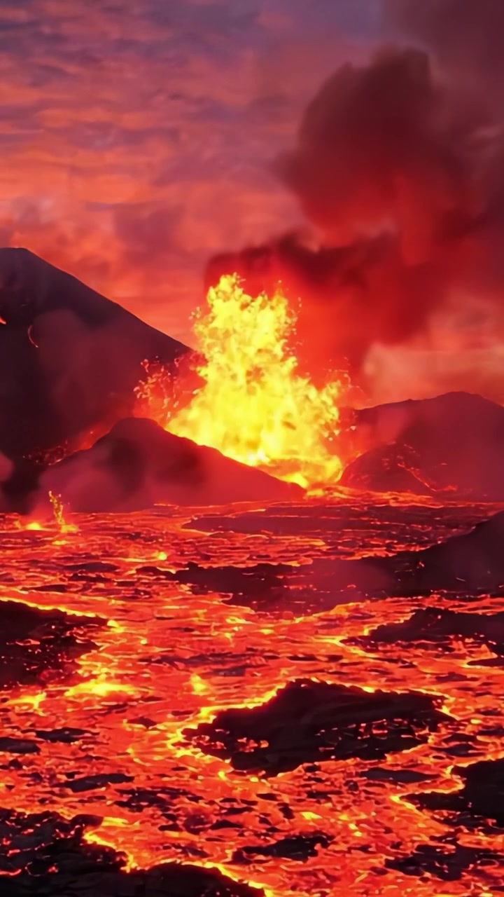 A Stunning Eruption: Captivating Frames of a Volcano Spewing Lava and Ash, Illuminating the Landscape with Fiery Hues and Atmospheric Effects