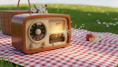 vintage radio playing music outdoors on a picnic blanket, surrounded by nature, fruits, and flowers, capturing a serene moment of relaxation and joy