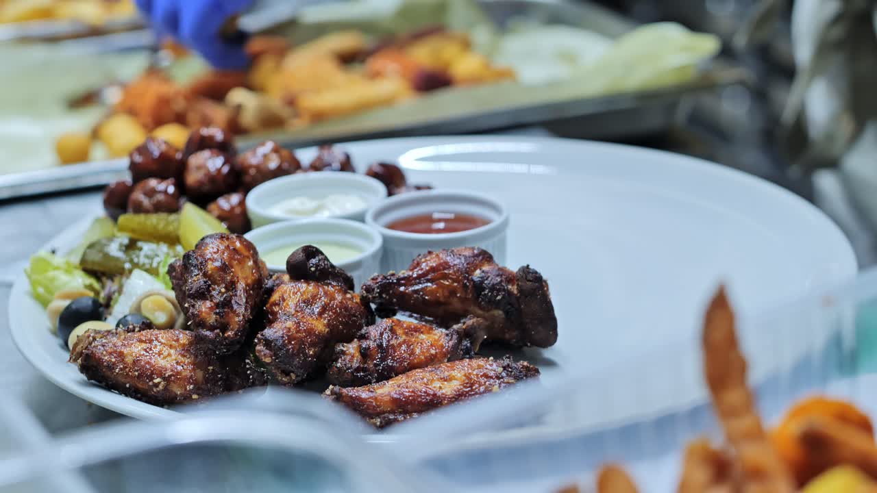 Close up of chef plating sauced wings, dips and garnish in commercial kitchen