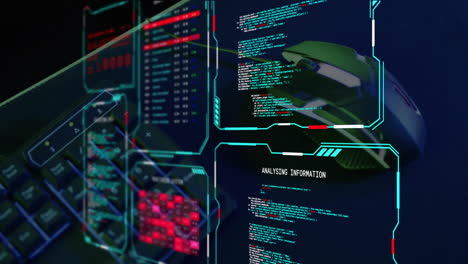 animation of digital data processing on screens over laptop and headphones on black background