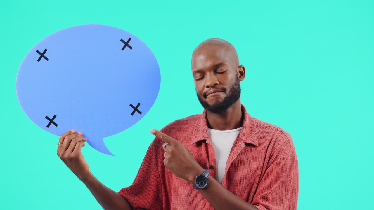 Speech bubble, confused and man pointing to