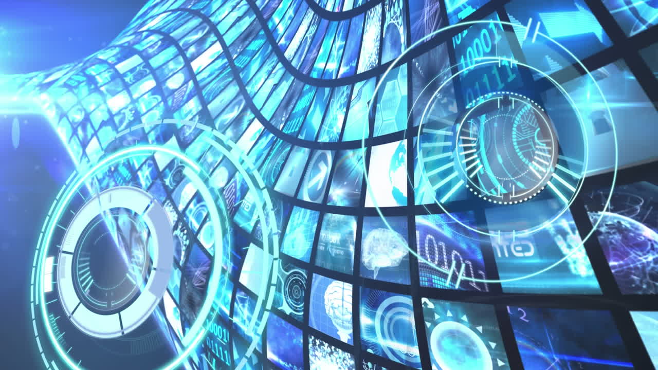 Animation of blue circles spinning over multiple screens