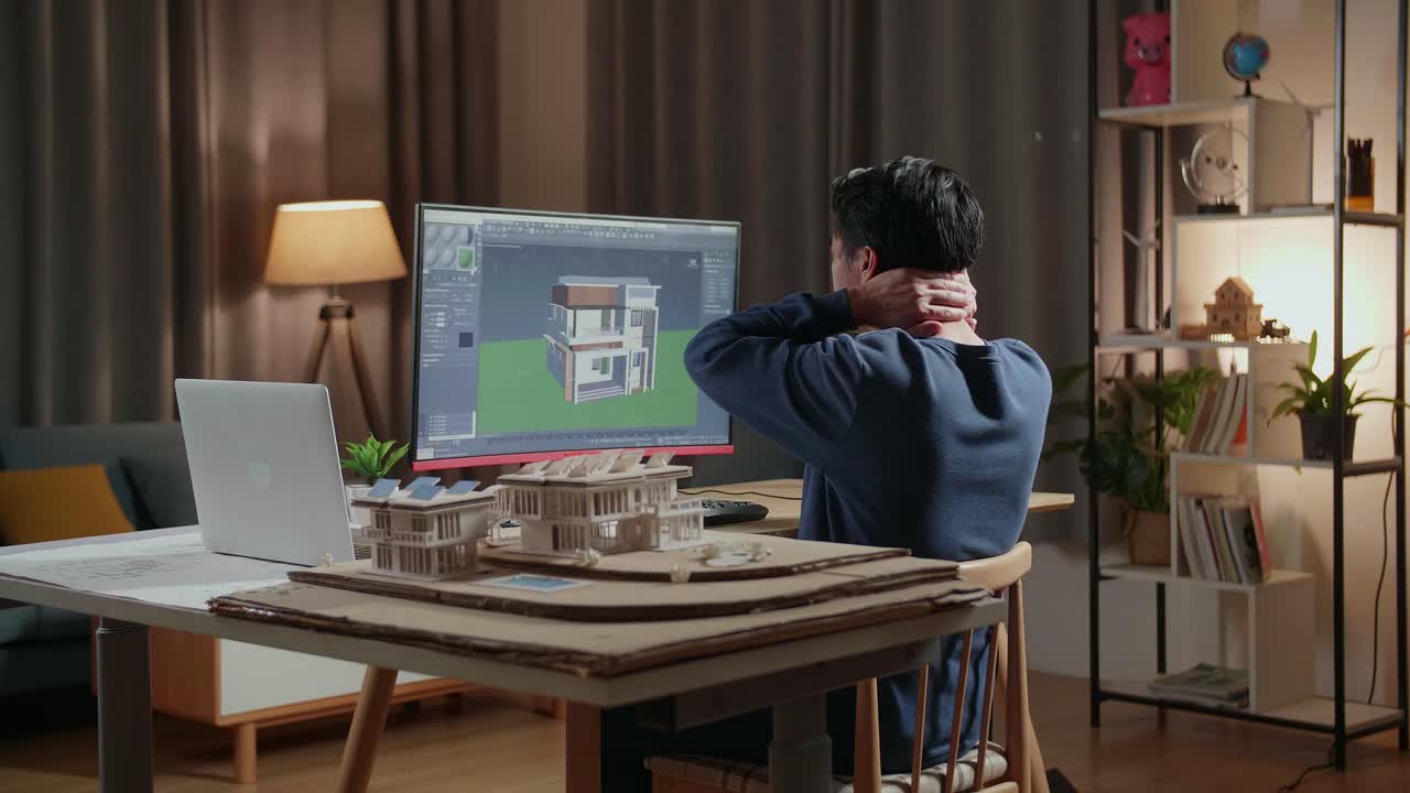 建築家が夜遅くまで家を設計している