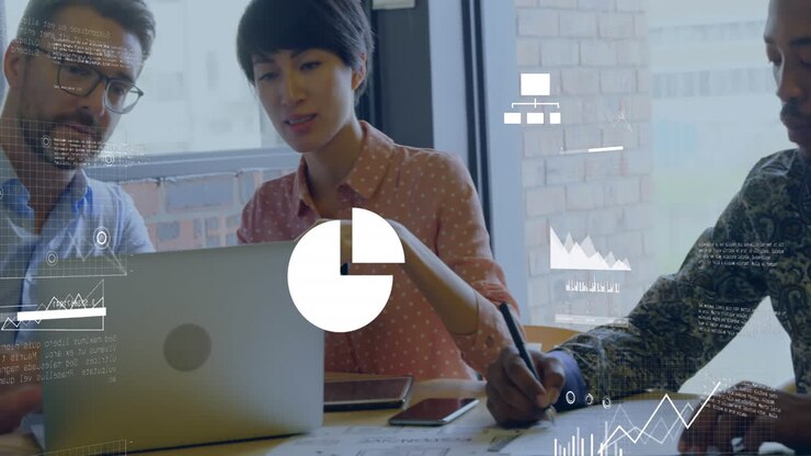 Animation of statistical data processing against diverse man and woman discussing at office