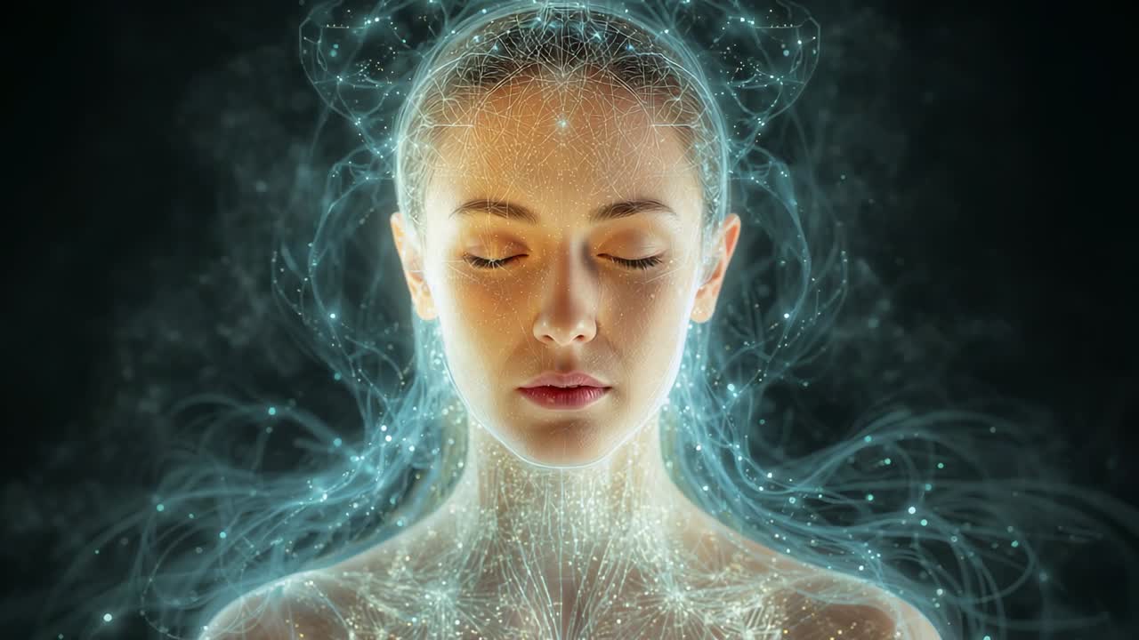 Animating woman in dark studio eyes closed as filaments brightening golden glow rising forming link