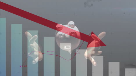 animation of financial data processing with red arrow over caucasian man throwing piggybank