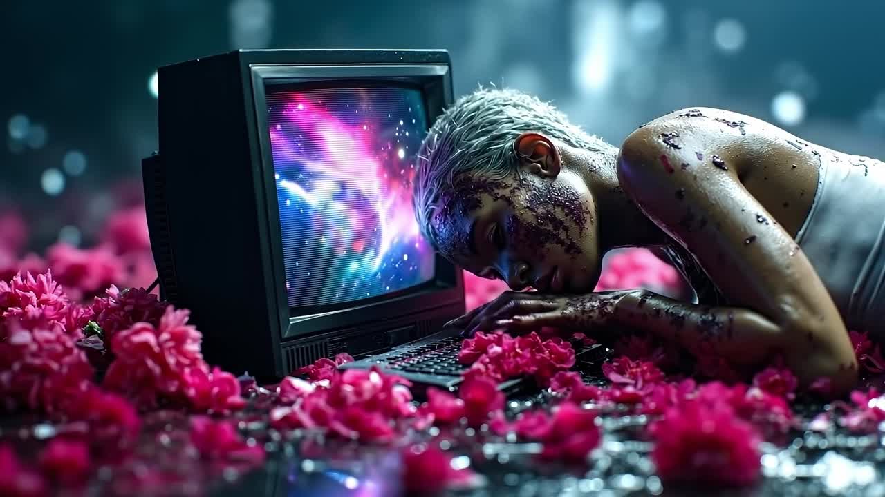 A woman laying on the ground in front of a computer