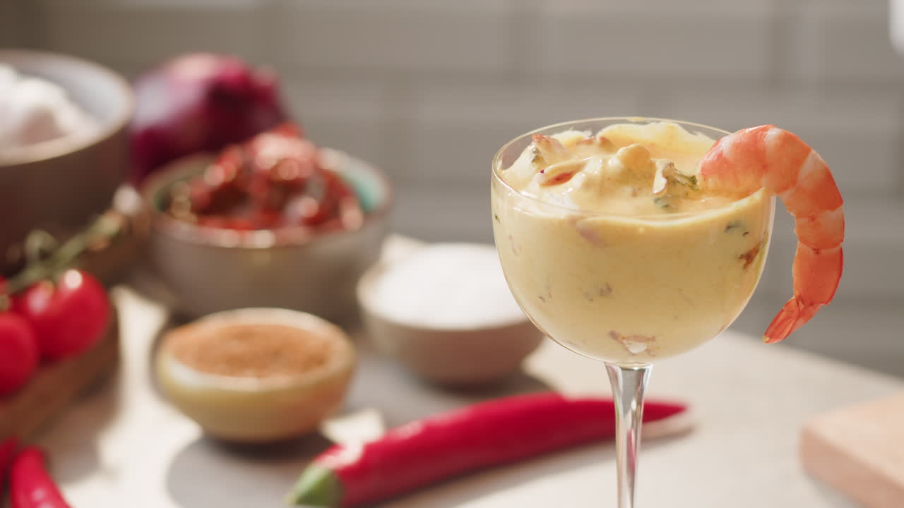 Hand placing shrimp on a creamy dip in a glass