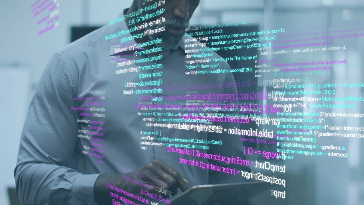Animation of data processing over african american businessman using tablet