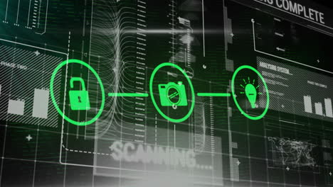 animación de iconos y procesamiento de datos digitales sobre un fondo oscuro