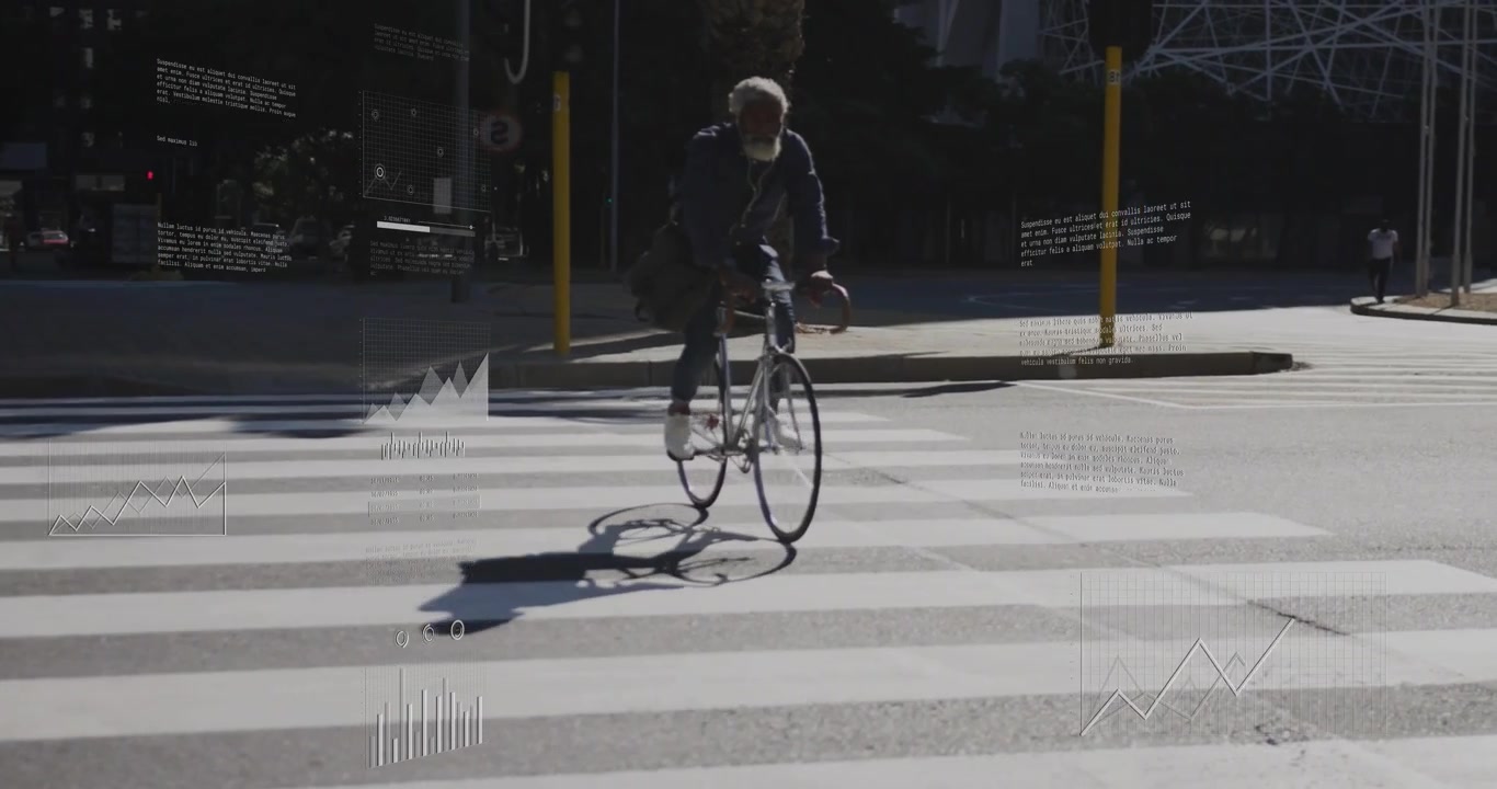 Male cyclist commuting, riding from curb across zebra crossing, HUD charts growing, covering wheels