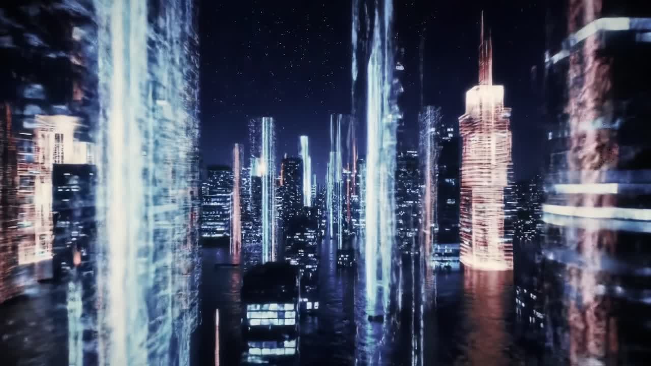 A Stunning Exploration of a Futuristic Cityscape at Night, Illuminated by Vibrant Lights Reflecting on Calm Waters, Creating a Dreamlike Urban Atmosphere
