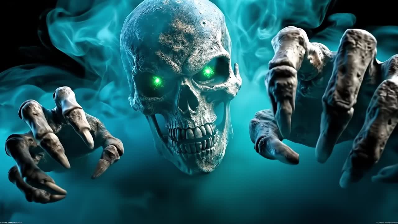 A skull with green eyes and two hands reaching out of the smoke