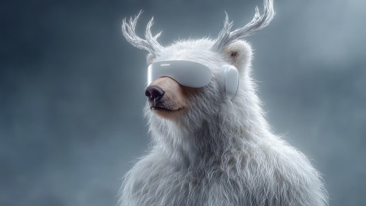 A Surreal Journey: A Majestic White Bear with Antlers and Futuristic Sunglasses Captivates the Imagination Amidst a Dreamlike Atmosphere