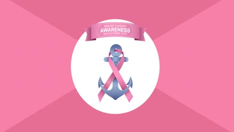 animación del logotipo del anclaje de la cinta rosa y el texto del cáncer de mama que aparece sobre un fondo rosa