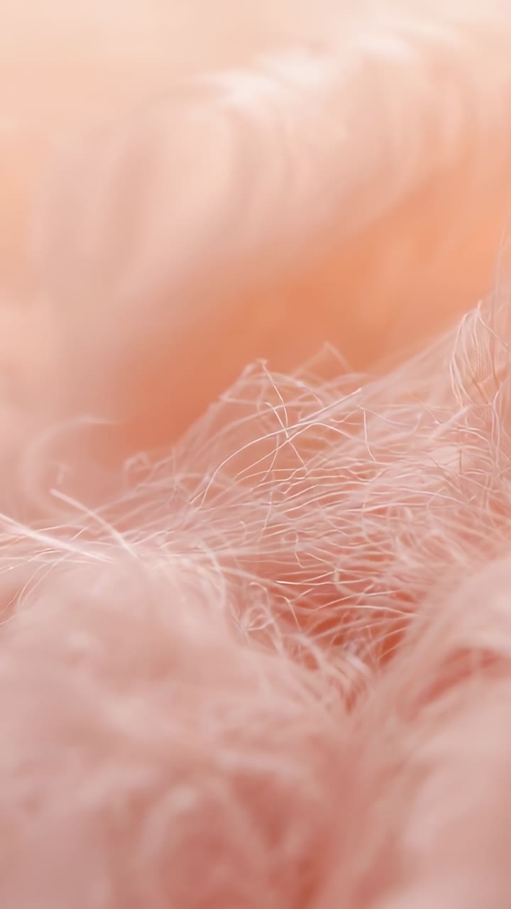 Vertical video: Camera shifting focus revealing peach-pink fur in studio, exposing fibers, ridge