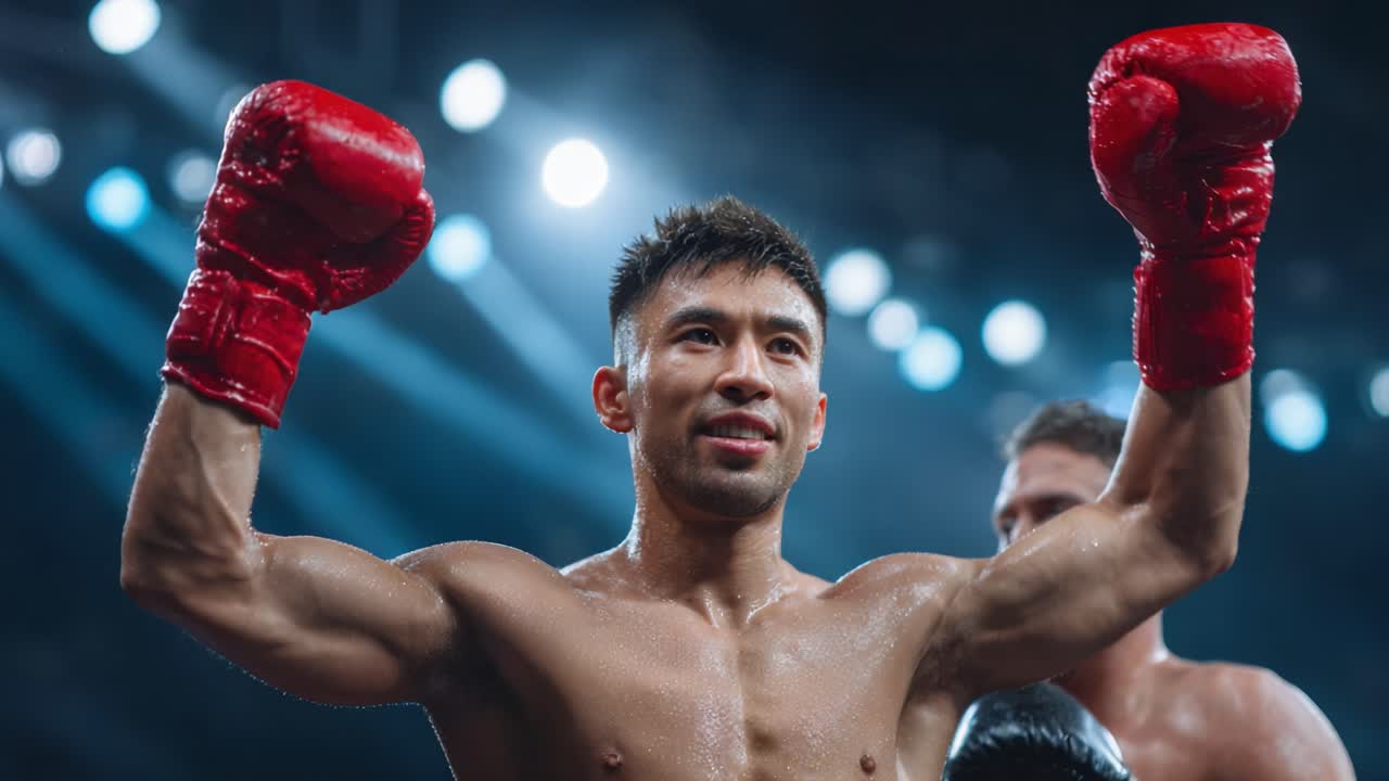 A triumphant boxer celebrates victory in the ring, raising his gloves in a powerful pose, showcasing determination and strength as the crowd roars with excitement