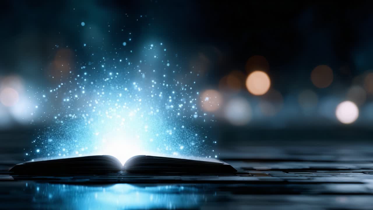 Scene accattivanti di un libro magico che rivela il suo bagliore mistico in uno sfondo da sogno, evocando meraviglia e immaginazione con effetti di luce scintillante
