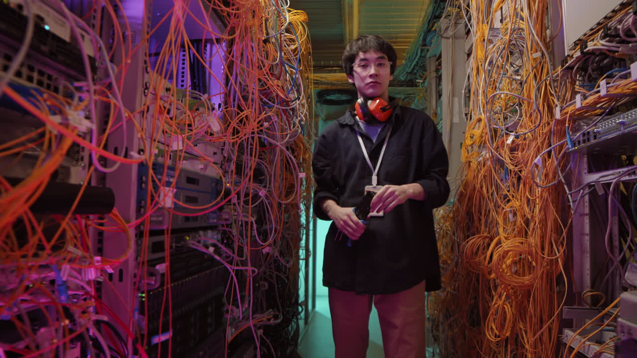 Portrait of Asian IT Administrator Checking Server Wires