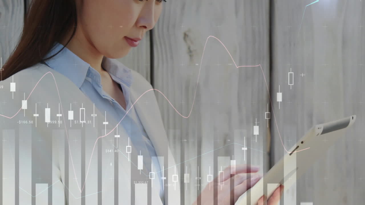 Businesswoman using tablet in office, with animated candlestick bars and line graphs flowing