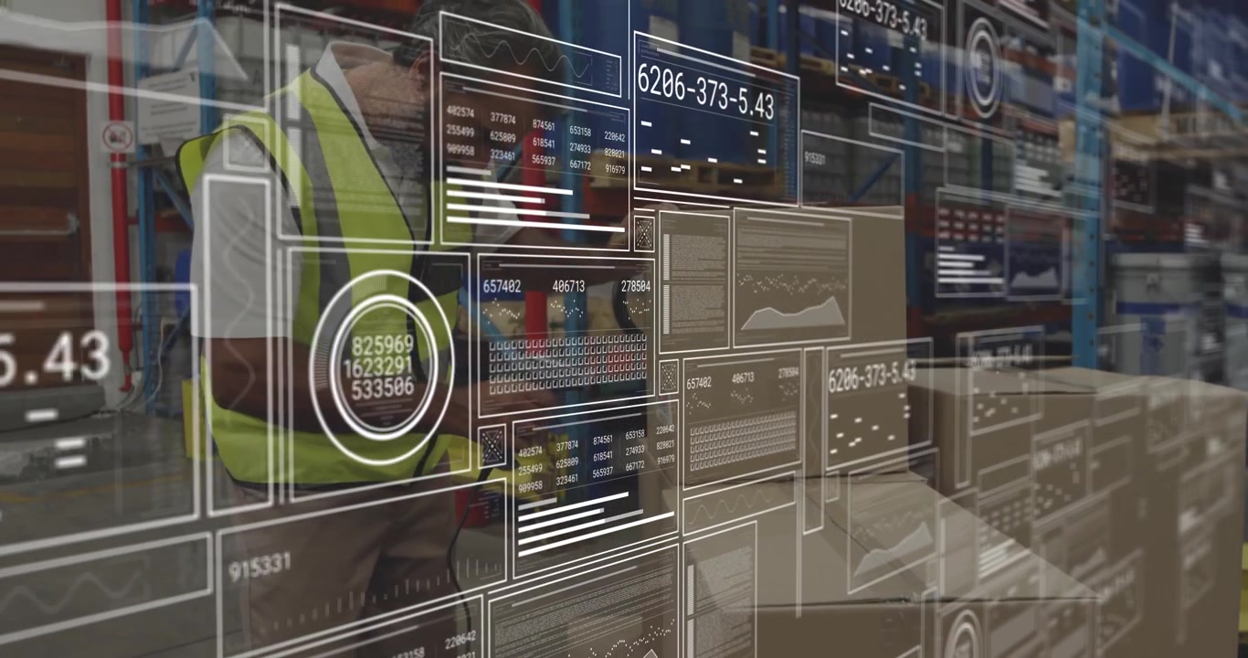 Warehouse worker scanning boxes in distribution center, showing AR panels for inventory management